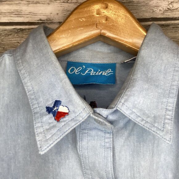 Vintage Ol' Paint Shirt Womens XL Blue Austin Texas Chambray Embroidered - Picture 7 of 10